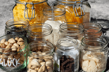 Reusable glass jars being to store various goods.