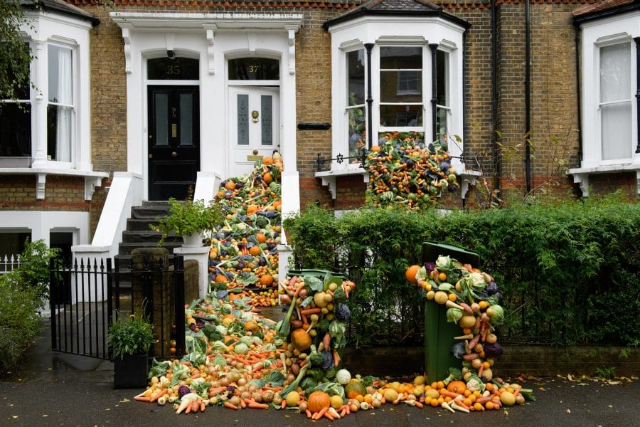TRiFOCAL food waste campaign: Lots of fruit and vegetables are tumbling down the steps of a Victorian terraced house, out of its windows into the front garden and street, to show how we can reduce food waste to tackle the climate emergency