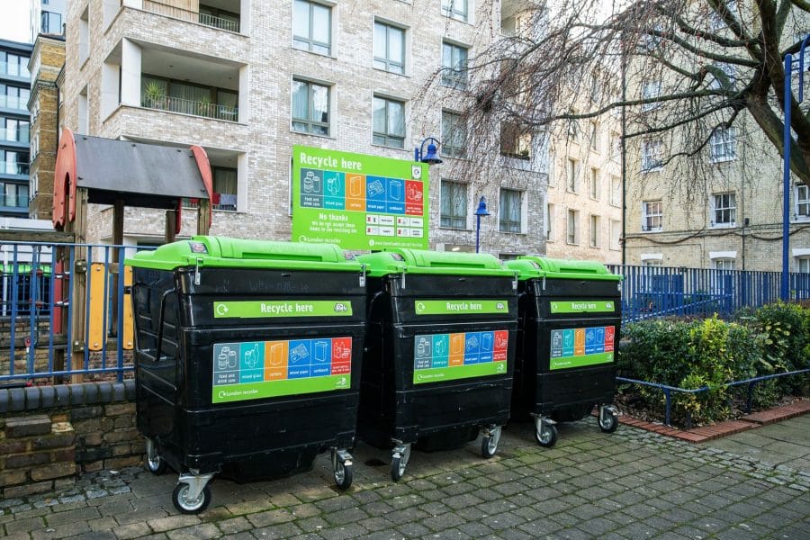 London Recycles. New recycling bins on the Whitechapel Estate. Tower Hamlets.